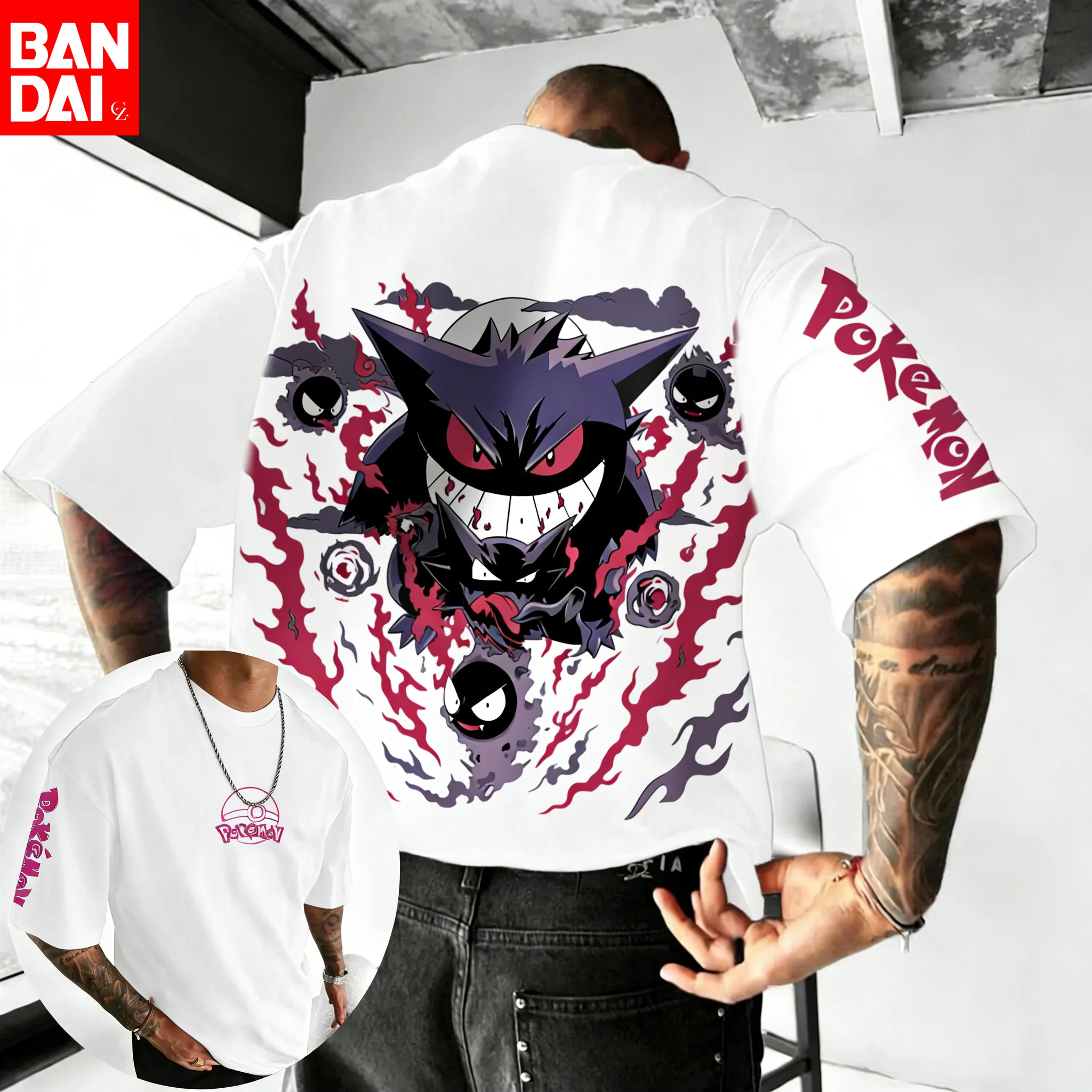 

Мужская хлопковая футболка Pokemon 2026 Summer, уличная одежда, оверсайз, с принтом Gengar Mega Gengar Fusion, повседневная, для фанатов аниме, подарок