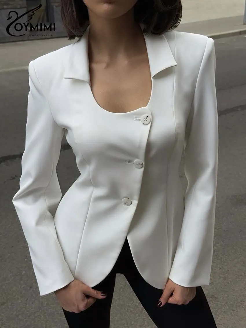 

Женский белый приталенный блейзер Oymimi 2026: весенняя коллекция, вырез «сердечко», асимметричная застежка на пуговицах, облегающий крой, элегантный и шикарный, для офиса и повседневной носки