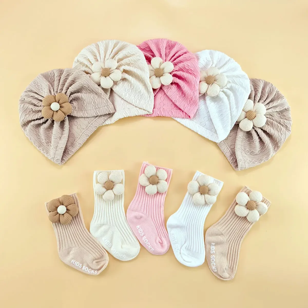2Pcs/Set Solid Color Flower Baby Hat Socks Newborn Floral Turban Infant Anti-slip Floor Socks Kids Elastic Beanies