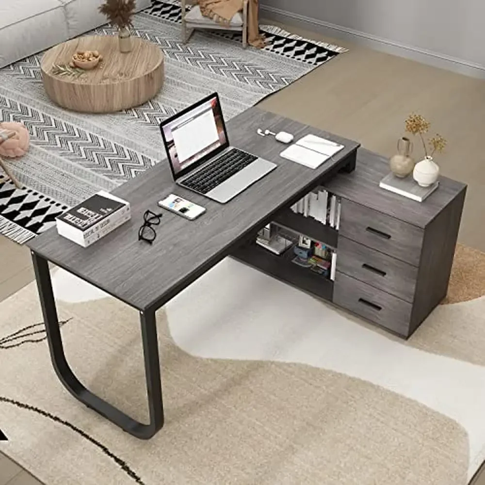 L-Shaped Home Office Computer Desk with 3 Drawers 2 Shelves and Printer Stand 55 Inch Large Study Writing Table with Storage