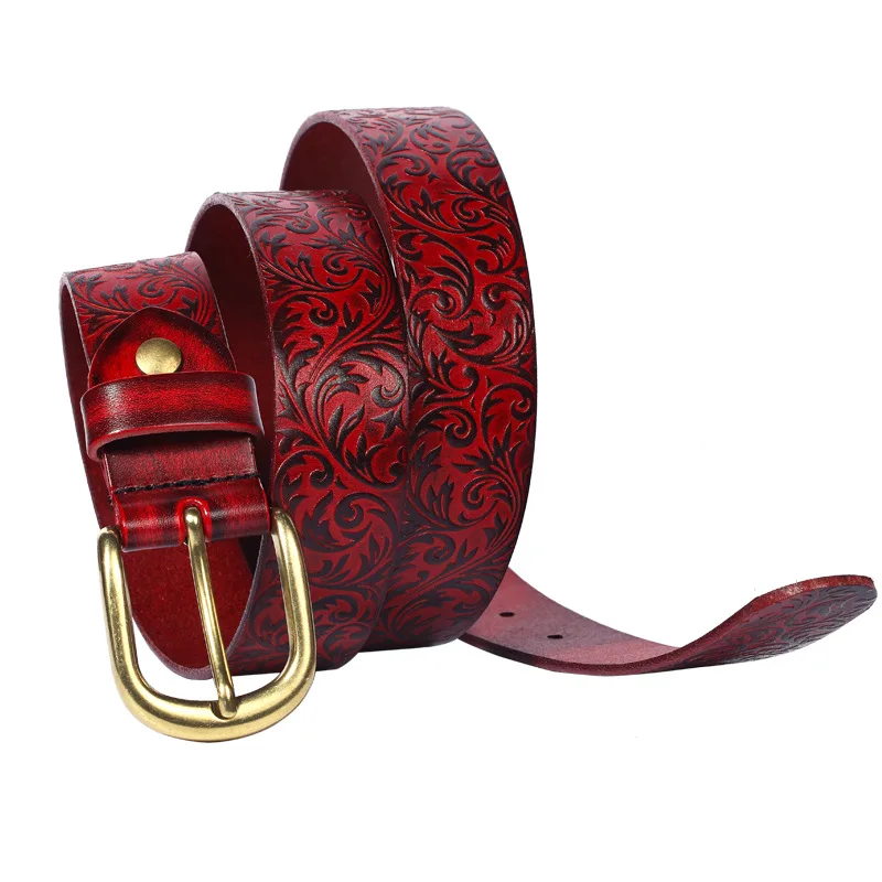 

33mm Women's Embossed Head Layer Cow Belt Personalized Women's Red Ethnic Style Art Retro Neutral Belt belts for women