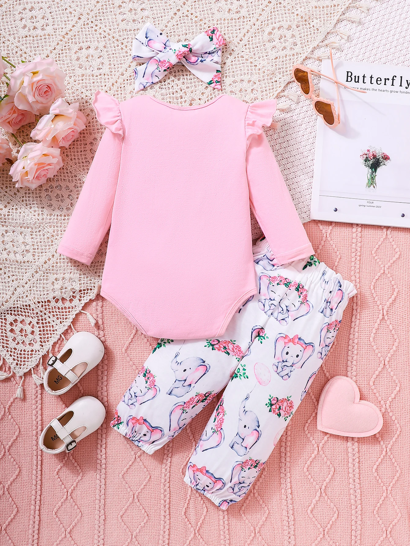 Baby Girl Casual Spring Autumn Elephant Print Long Sleeve Triangle Blanket Suit + Full Print Pants + Headscarf Three-Piece Set