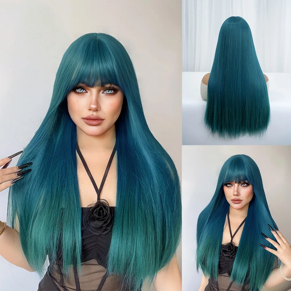 28Inch Teal Blue Color Synthetic Wigs With Bang Long Natural Straight Hair Wig For Women Daily Cosplay Drag Queen Heat Resistant