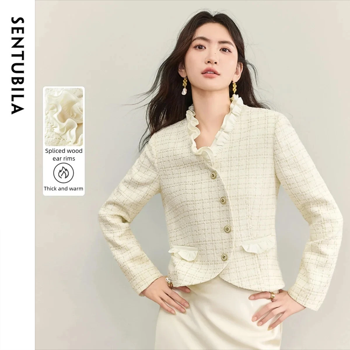 SENTUBILA, abrigo corto para mujer, otoño 2025, solapa con cuello en V, manga larga, ligero, ropa de oficina para ir al trabajo, Top de moda Q53WA3435