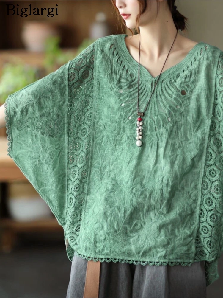 

Oversized Summer V-Neck T-Shirts Women Lace Embroidery Hollow Out Patchwork Fashion Ladies Blouses Casual Loose Woman T-Shirts