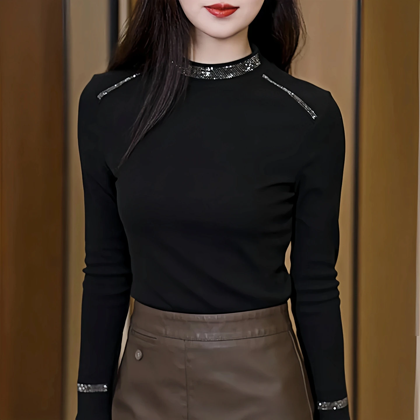 Autumn Winter Double Sided German Velvet Long Sleeve Base Shirt Half High Collar Women's Fashionable Versatile Commute Top Tr...