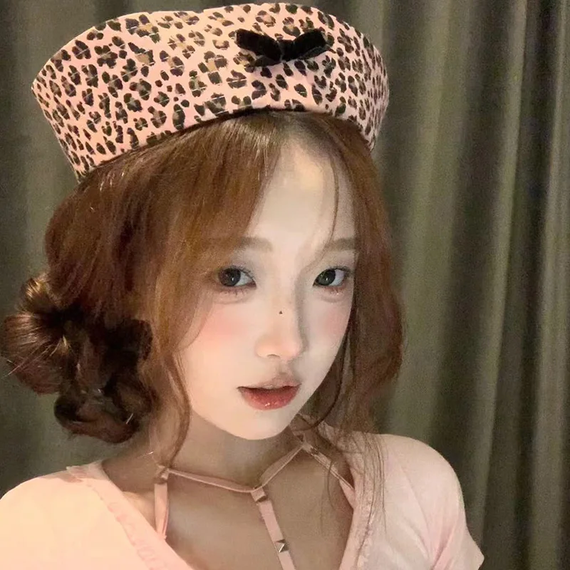 2024 New American Sweet Bow Leopard Print Printed Sailor Hat Women\'s Summer Niche Trend Thin Dome Flipped Brim Cute Beret