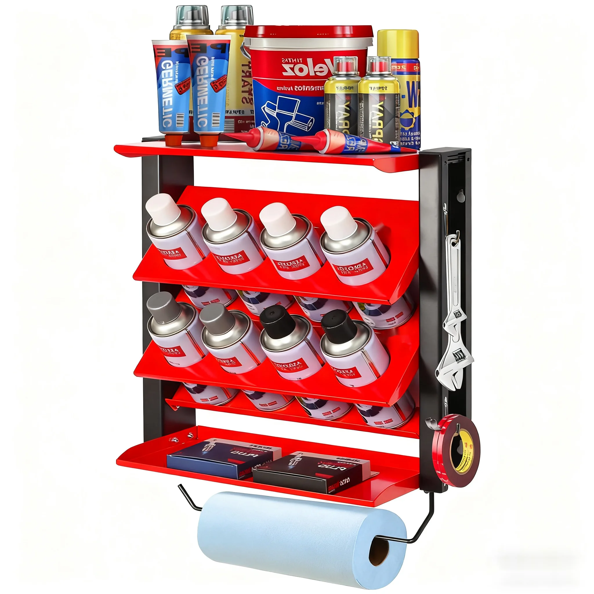 

Spray Can Holder, Wall Mount Storage Rack, Heavy Duty Steel, with Paper Towel Holder, Holds 100 lbs
