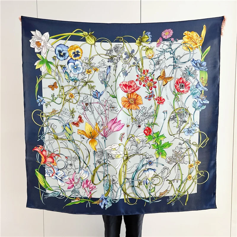 100% Mulberry Silk Scarf 110CM Luxury Designers Hand Rolled Bandanas Square Shawls 110 Hair Neck Belt Accessories Lover Gift