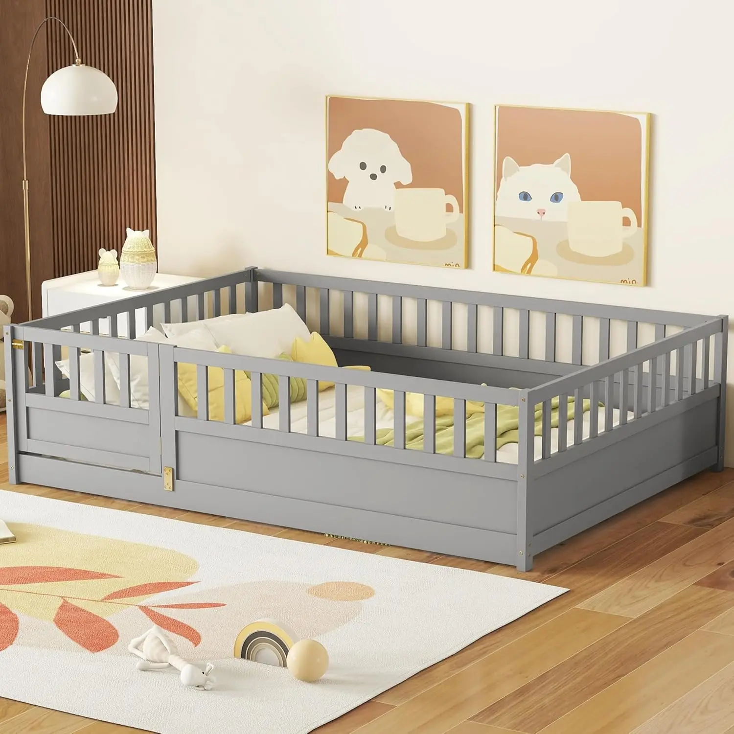 Bed with High Fence and Door, Kids Bed Full Size, Wood Montessori Bed for Kids, Girls, Boys, Gray Montessori Floor Bed, Full Flo