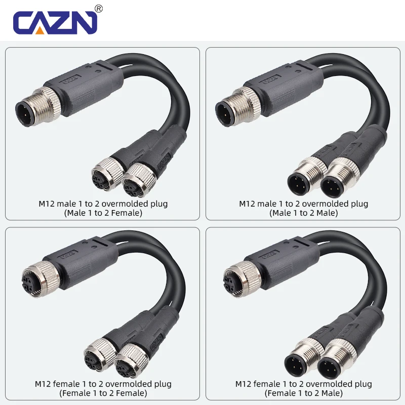 1 to 2 Way M12 Shielded Splitter Cable Male to Female 2 3 4 5 6 8 12 17 Pin 1/2/5m PVC IP67 for Robotics & Signal Transmission