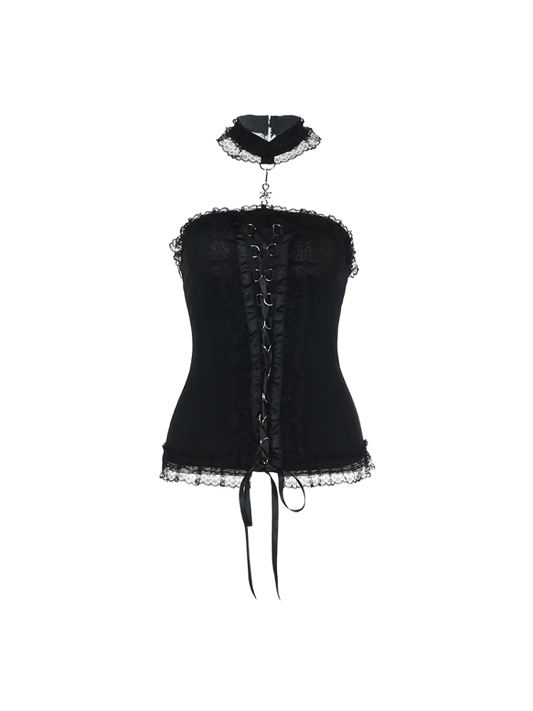 Europeu americano sexy rendas colar colar sem alças temperamento topo personalizado rua menina preto versátil topos
