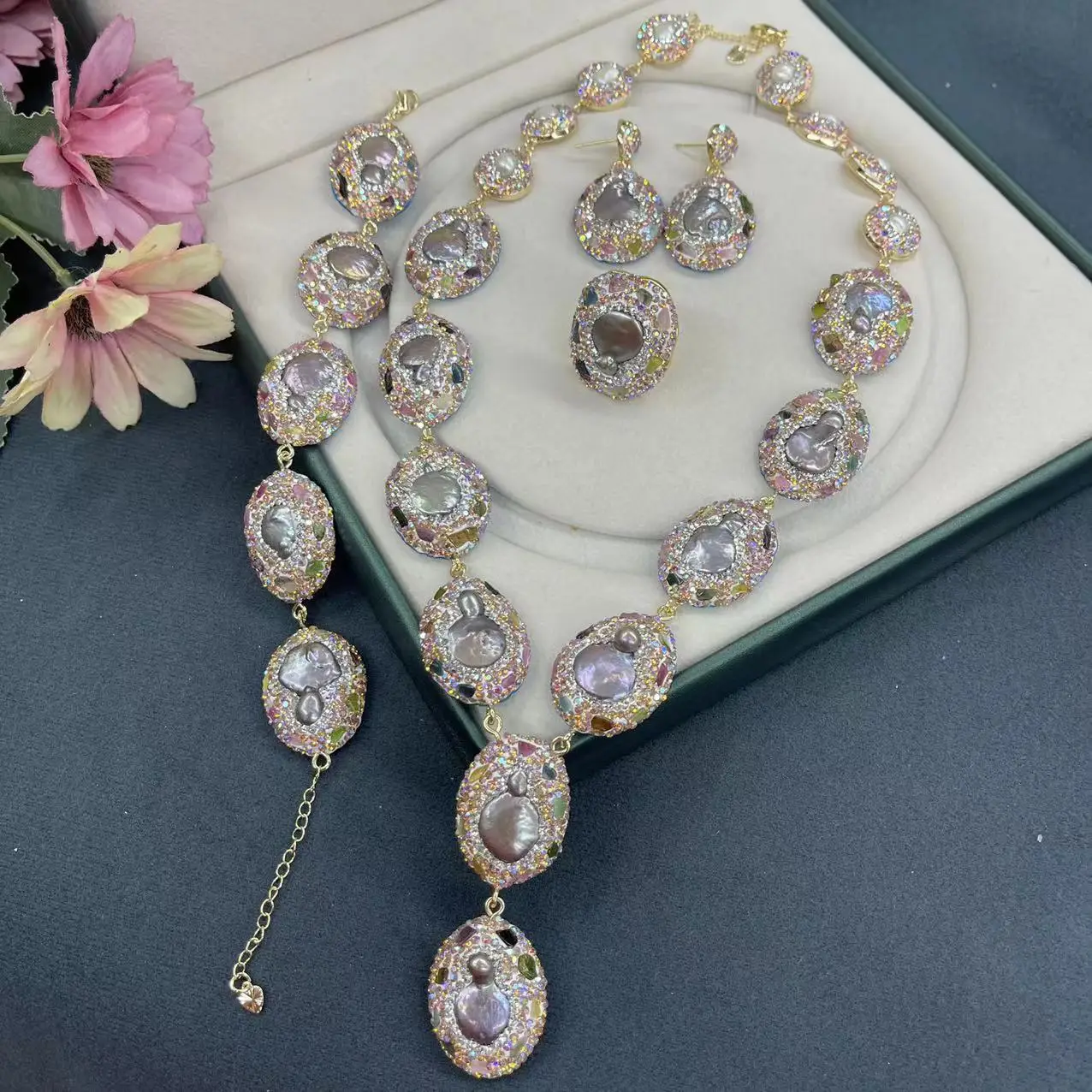 

Комплект ювелирных изделий с аметистом и бирюзой для женщин, натуральный кристалл, ракушка, жемчуг, колье, ожерелье, серьги, браслет, кольца, аксессуары для вечеринки