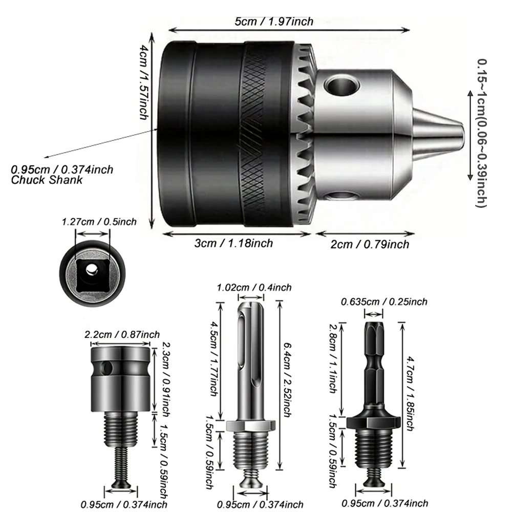 1.5-10mm Drill Chuck,3/8-24UNF Mount Impact Driver Bits Chuck Conversion Hex Shank/SDS-Plus Socket Square Adapter with Chuck Key