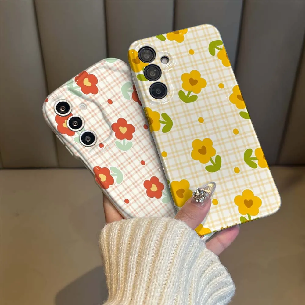 

Cartoon Red Flower Grid Phone Case For Samsung Galaxy A21s A23 A24 A25 A31 A 32 33 34 35 36 51 53 54 55 56 73 Wave Oil Film