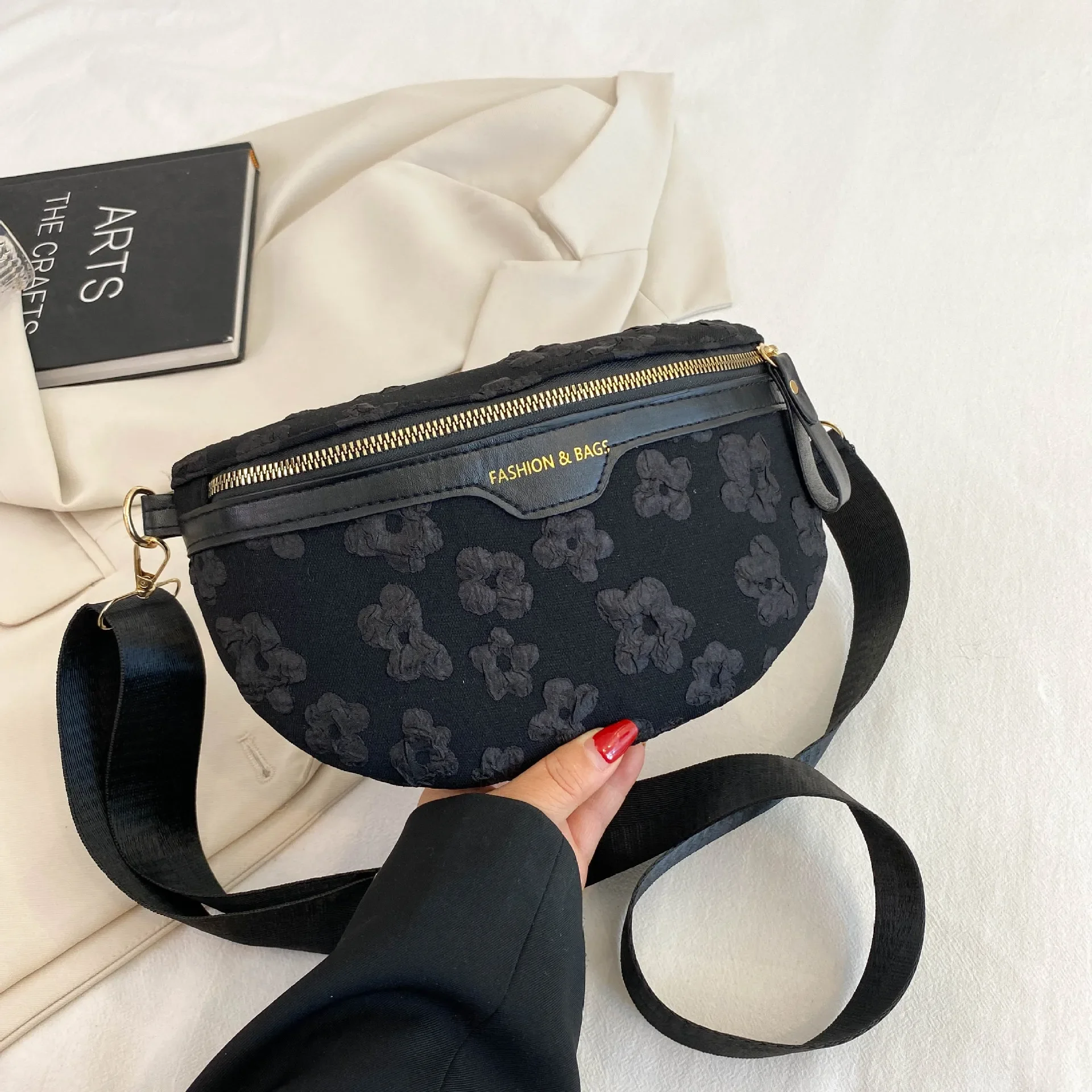 2024 Flower Soft Fabric Waist Bag Women Fan Bag Embroidered Leisure Waist Bag Women\'s Wide Backband Shoulder Crossbody Chest Bag