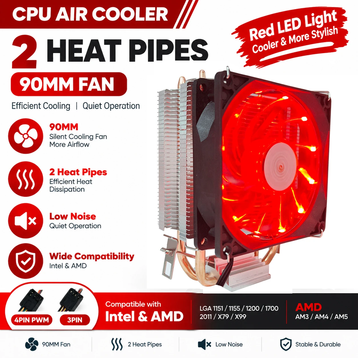 X99 CPU Cooler Red Light Cooling fan 2 Heat Pipes For Intel LGA 775 1366 1151 1155 1200 1700 2011 X79 X99 AM5 AM3 AM4 Ventilador