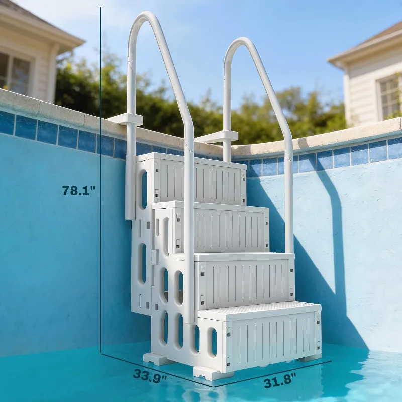 Escalera ajustable para piscinas elevadas con doble pasamanos, capacidad de 396 lb, peldaños antideslizantes de HDPE, ligera para uso en exteriores e interiores.