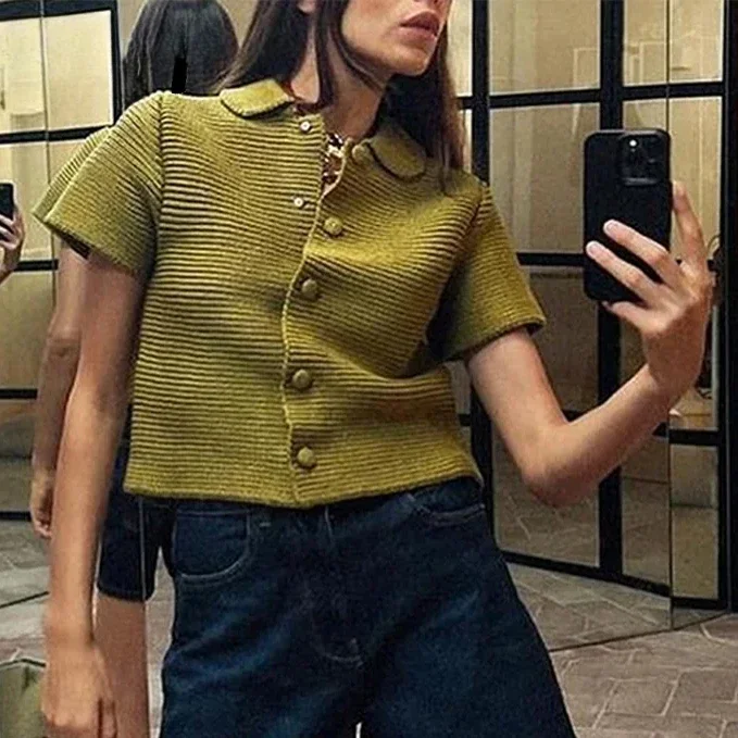 

Knit Women's Cardigan Fashion Doll Collar Single Breasted Short Sleeve Sweater Female 2025 Spring Elegant Solid Lady Cardigans