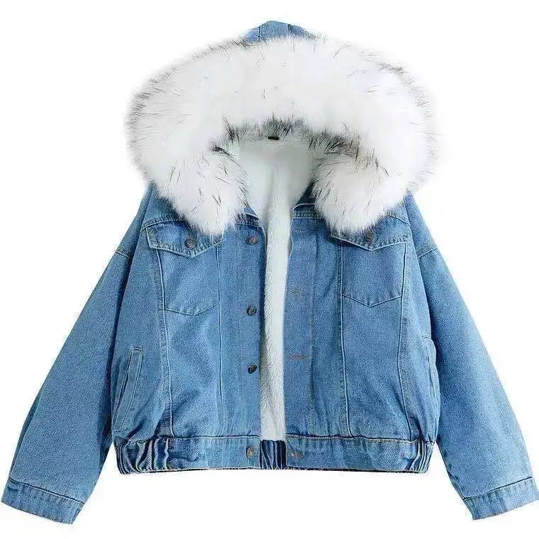 Women's Denim Fleece Lined Winter Warm Coat Hooded Jacket With Big Fur Collar Thickened Casual
