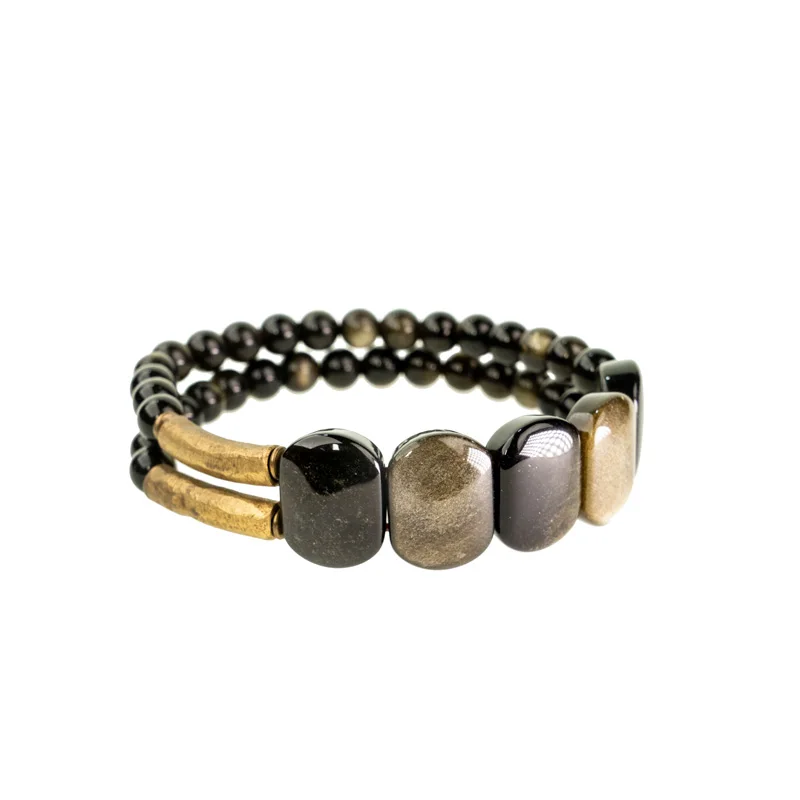 Natrual Golden Obsidian Stone Brass Bracelet Metal Two Row Beaded Small Beads Romantic Peace Unisex Punk Street Black Jewelry