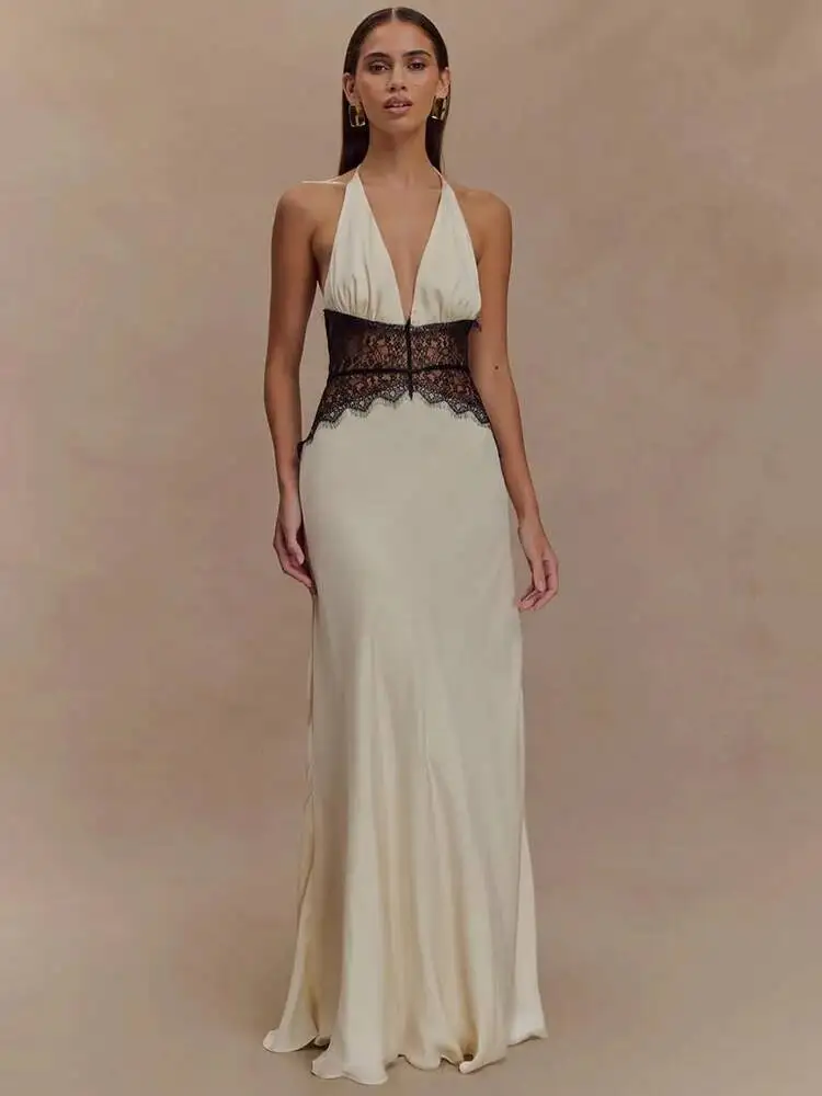 

Mozision Summer Backless Sexy Maxi Women Gown Patchwork Lace Halter Deep V Neck Sleeveless High Waist Elegant Long Dress