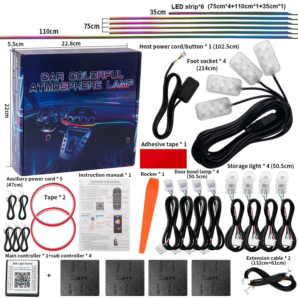 6/10/14/18 in 1 Led Symphony Car Ambient Lights RGB Full Colors Streamer Acrylic Strips Interior Rainbow Atmosphere Lamp Kit App