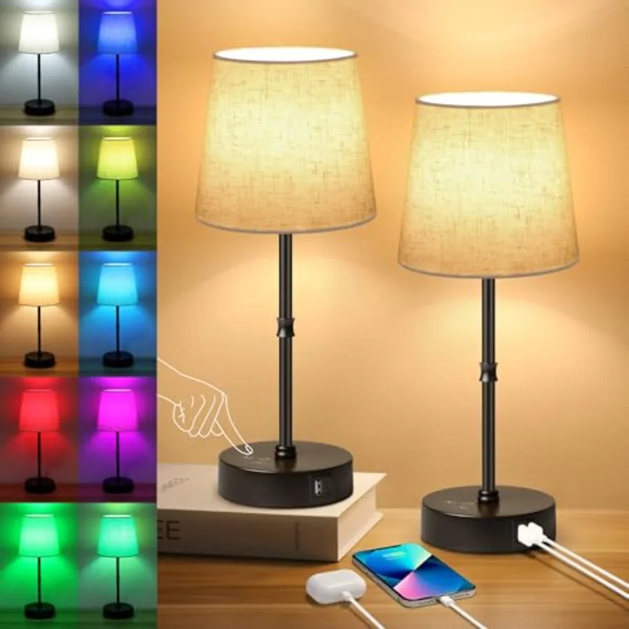 

Bedside Table Lamp Set of 2 RGB Color Changing 3 Color Temperatures Dimmable Nightstand Lamp with USB C+A Ports Touch Desk Lamp