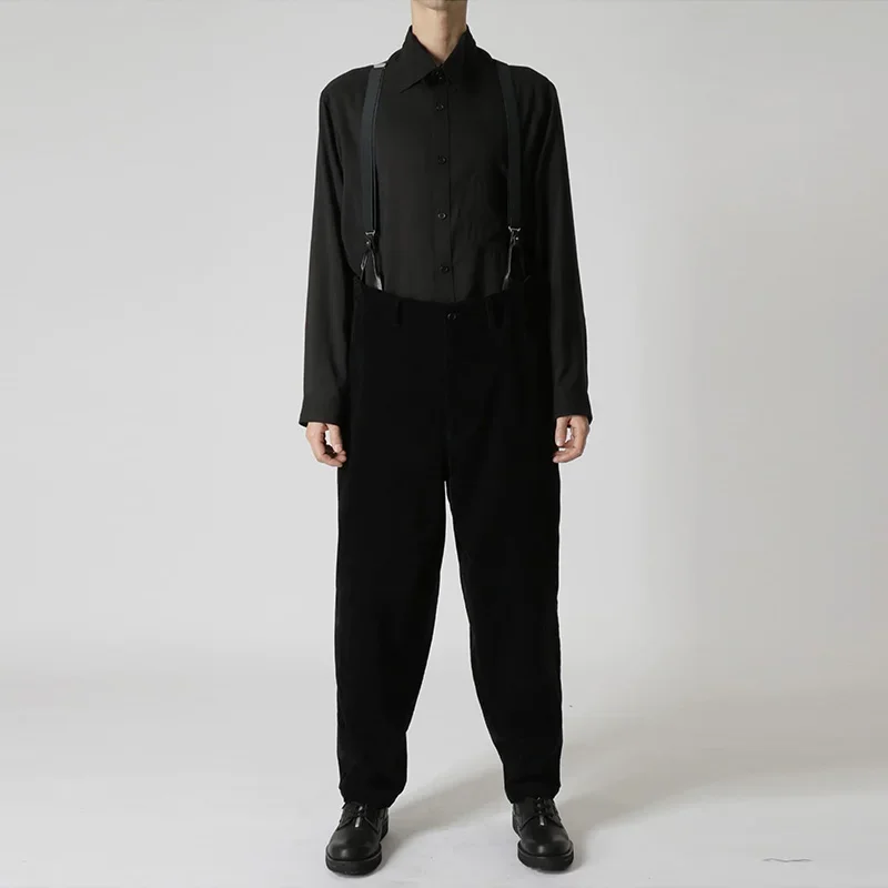 

YOJI OOAK Высококачественные черные бархатные брюки с ремешками, свободные повседневные брюки, мужские дизайнерские брюки со средней талией