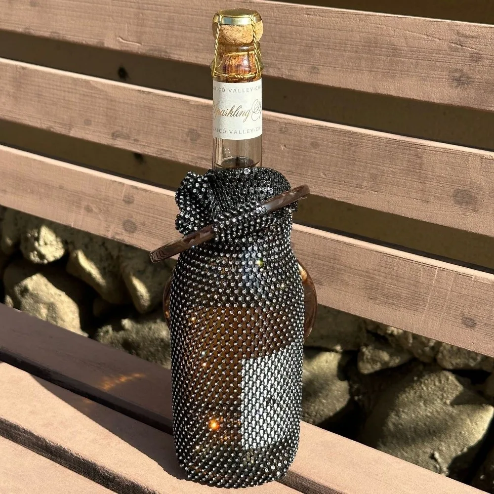 

Rhinestone Mesh Shiny Wine Bag Light Luxury Shiny Wine Bottle Pouch Hand-woven Bag with Handle Insulated Cup Bag Travel