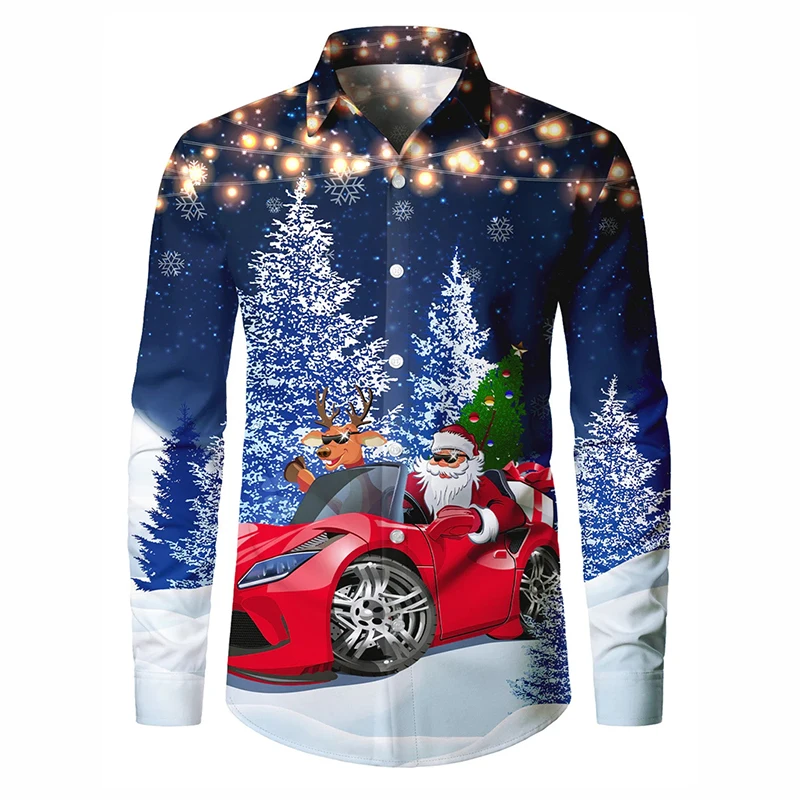 เสื้อเชิ้ตแขนยาวลายซานตาคลอสสุดฮาสำหรับเทศกาลคริสต์มาส เสื้อผ้าผู้ชายสำหรับงานปาร์ตี้ครอบครัว สไตล์ลำลอง ติดกระดุม แฟชั่นคริสต์มาส 2026