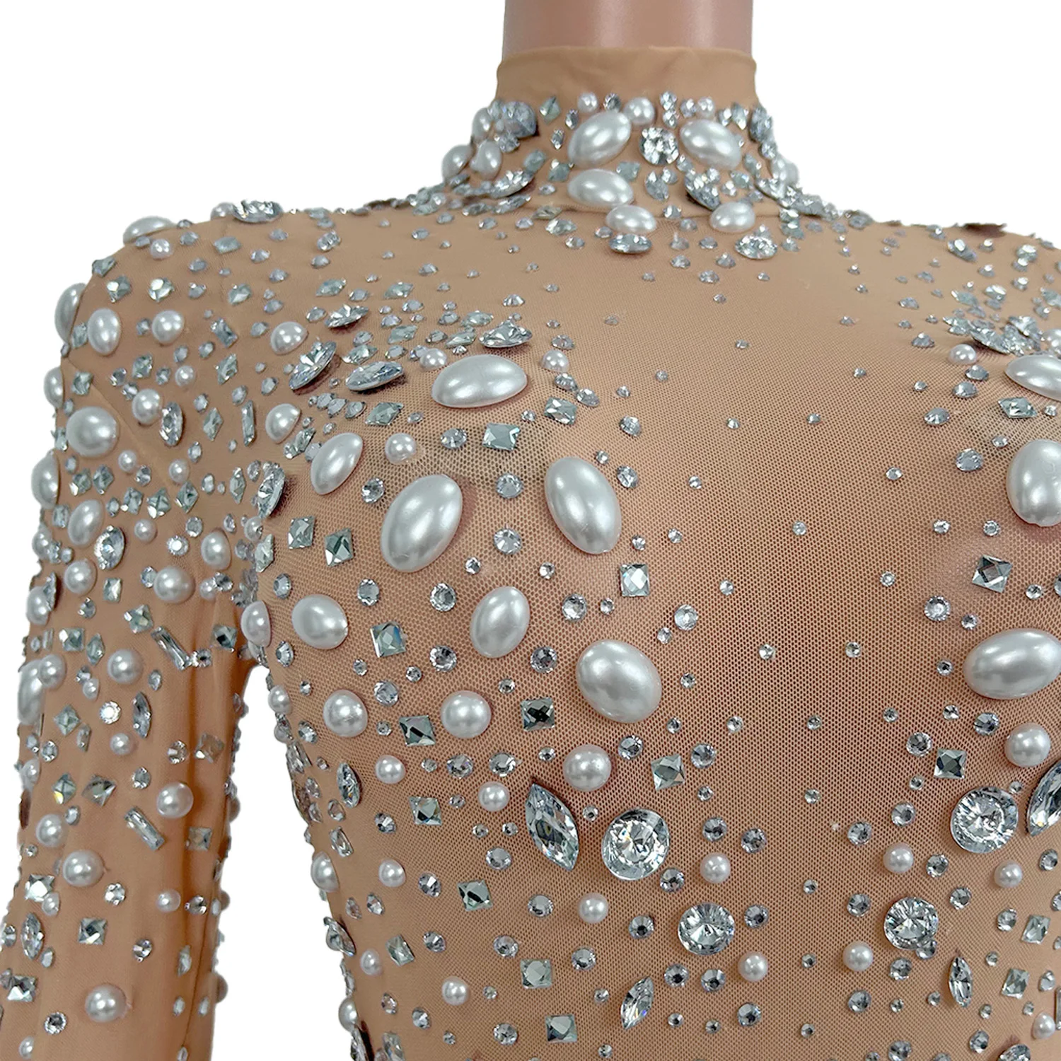 Sparkly Rhinestone Pearls Women Tight Fitting Jumpsuit Stage Celebrate Performance Costume Night Party Outfit Catsuit Tiaoliao