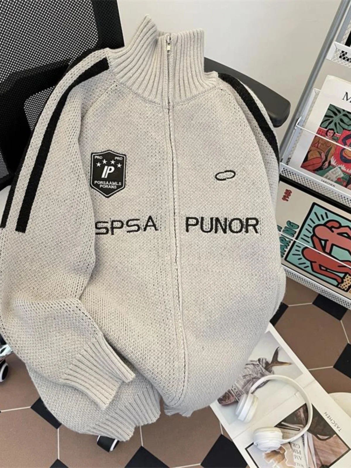 

Loose Men's Knitted Sweater with Double Zipper And Embroidery f High Collar Trendy American Retro Open Cardigan for Autumn...