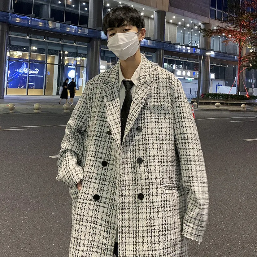 

Men's Mid-Length Plaid Suit Jaet Loose Fit Turn-down Collar Spring Autumn Retro Design Casual irt Outerwear Coat