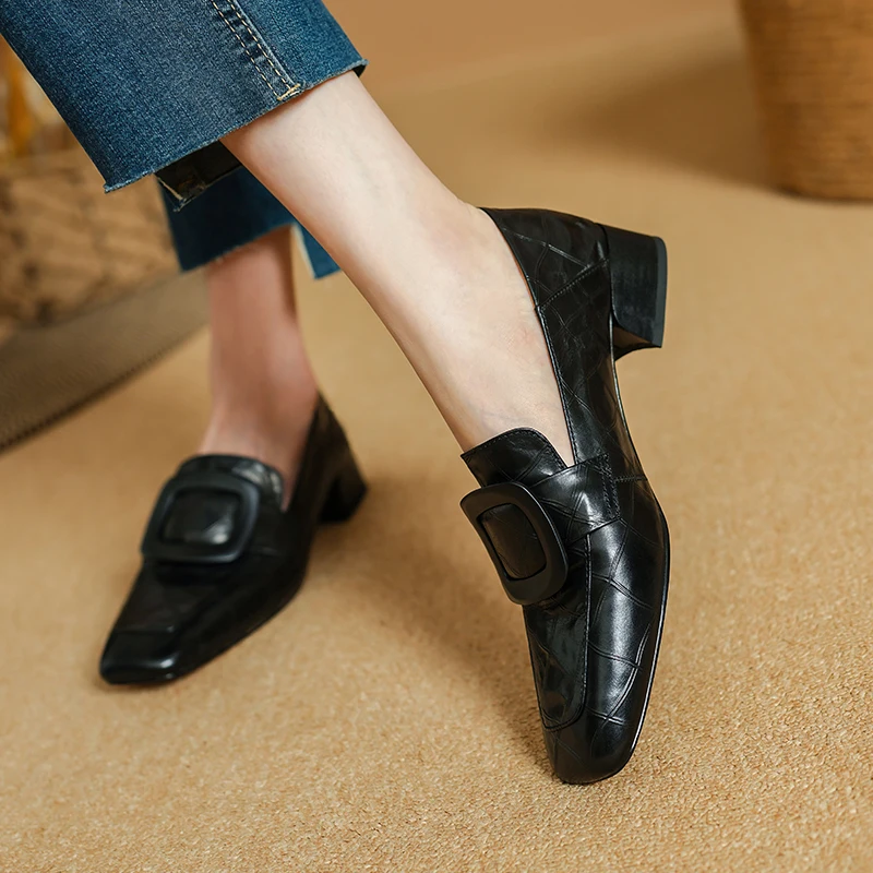 女性のレトロな靴スクエアトゥバックルフラットシンプルな靴レディース高品質牛革春秋手作りヴィンテージ靴サイズ 40