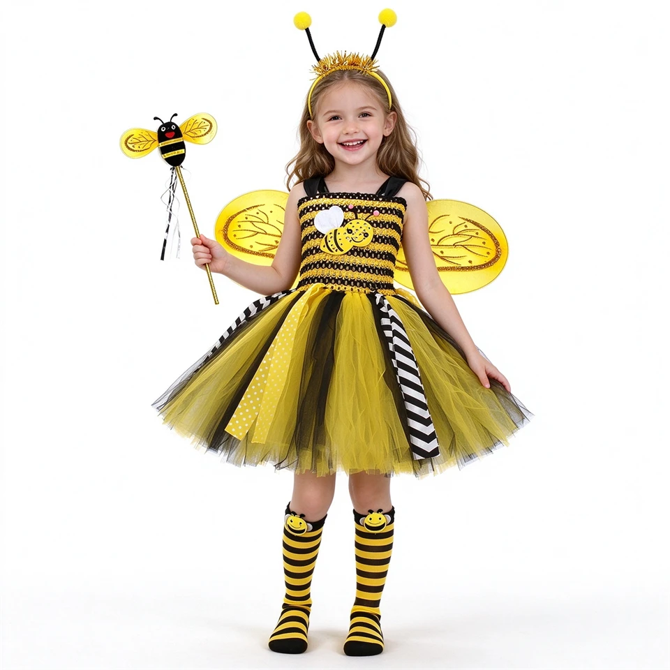 Girls Bumble Bee Costume Fancy Kids Honeybee Fluffy Tulle Tutu Dress Halloween Birthday Party Cosplay Carnival Children's Outfit