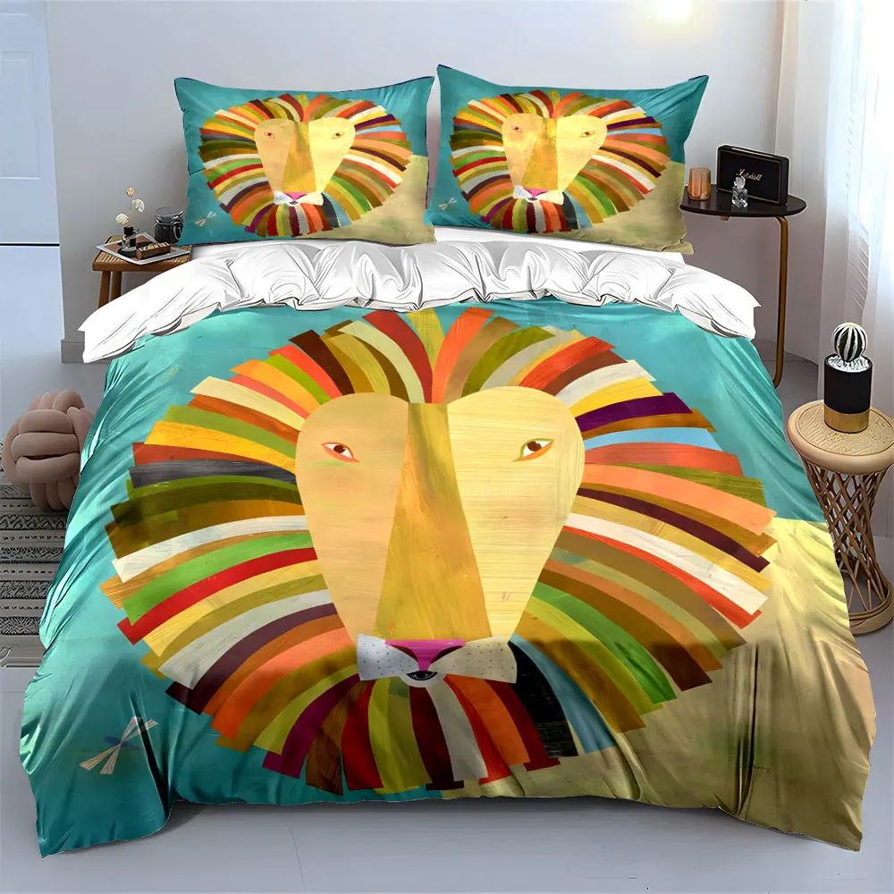 Colorful Lion Art Decor Set Bedding Set with 1 Duvet Cover 2 Pillowcases Single Double King Queen, Gift