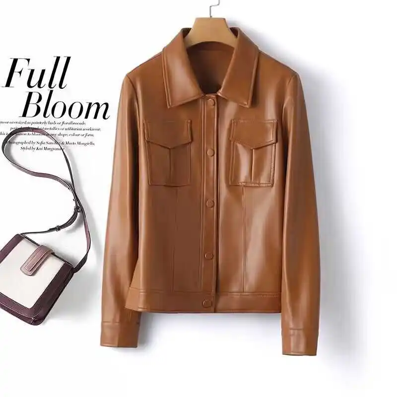 เสื้อแจ็คเก็ตหนังแท้สำหรับผู้หญิง สไตล์ลำลอง แฟชั่นเกาหลี ไซส์ใหญ่ สำหรับคนตัวเล็ก ให้ความรู้สึกหรูหรา คอลเลคชั่นใหม่ ฤดูใบไม้ผลิ 2025