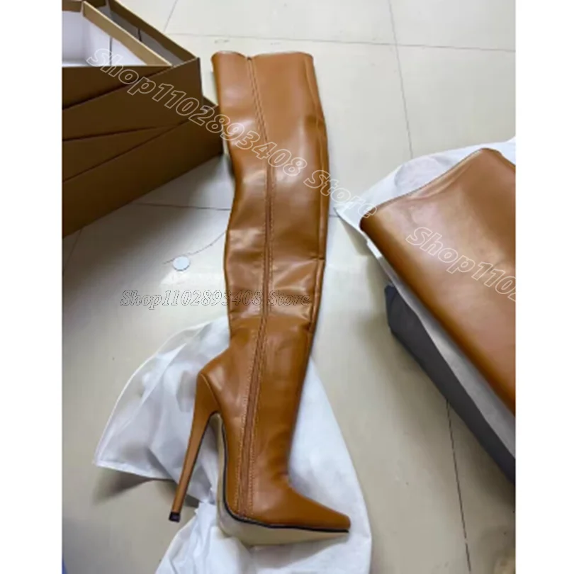 

Brown Matte Leather Stiletto Boots Pointed Toe Side Zipper British Style Women Casual Over Knee Boots 2025 Zapatos Para Mujere