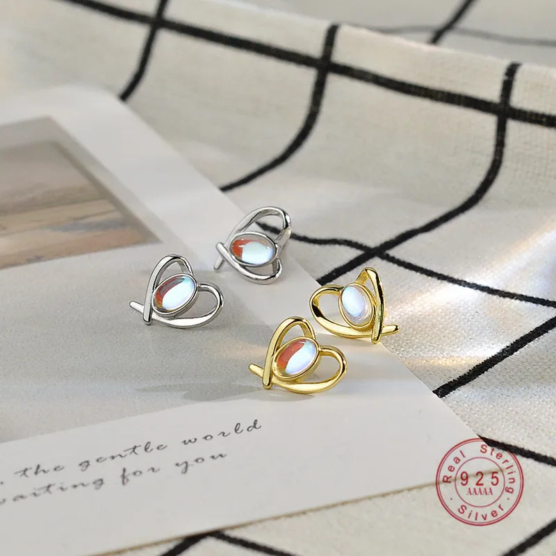 Heart Oval Moonlight Stone Stud Earrings Women 925 Sterling Silver Minimalist Girlfriend Anniversary Gift Jewelry