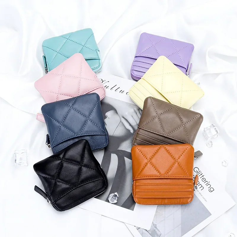 Sheepskin short coin purse Women's leather embroidered checkered multi-clip small zipper coin purse