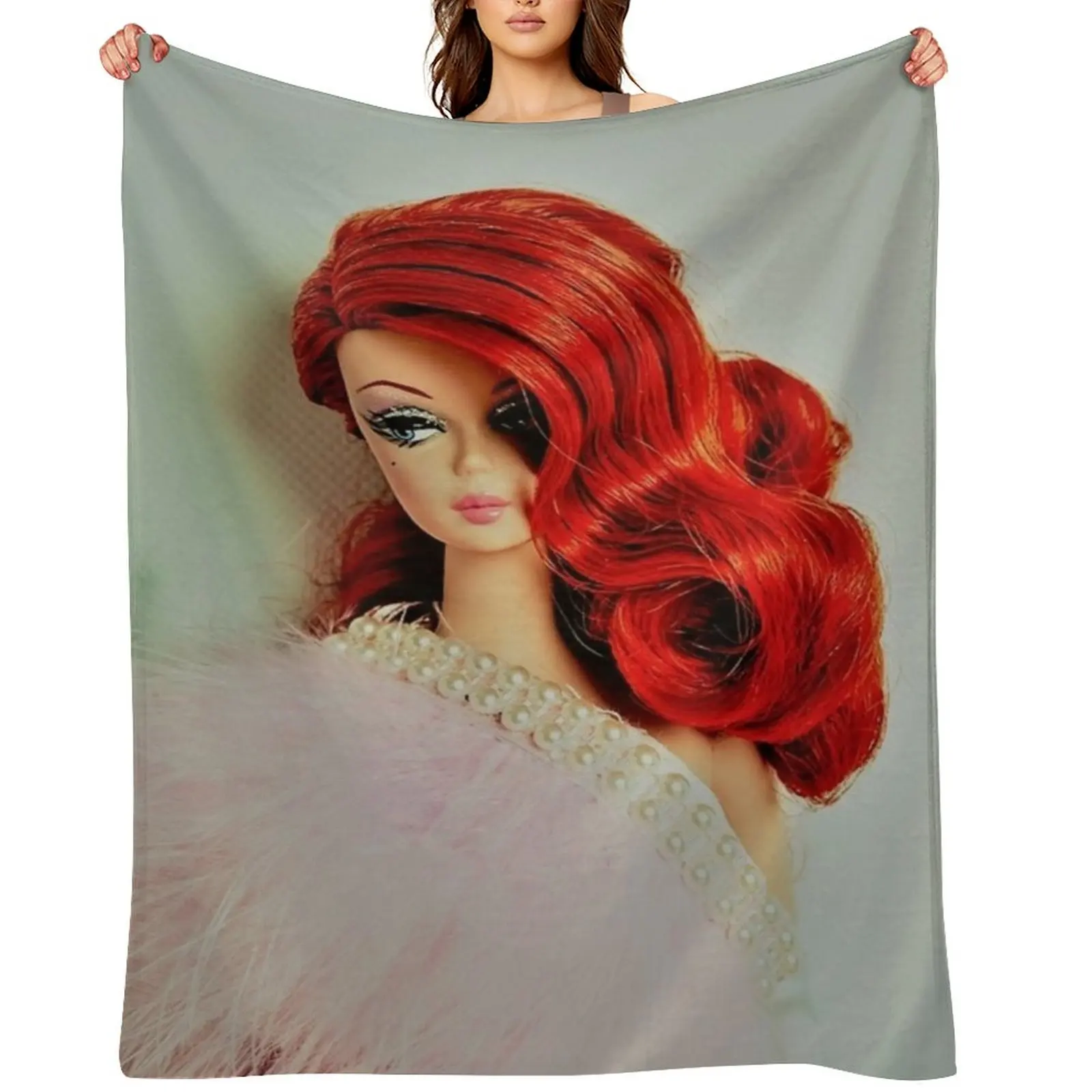 

red head vintage doll pearls evening gown art edit mysticladyart Throw Blanket Large for sofa Bed Blankets