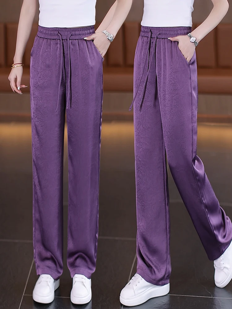 

Purple Ice Silk Wide Leg Pants Women Summer Thin Elastic High Waist Drape Casual Acetate Satin Straight Leg Pants