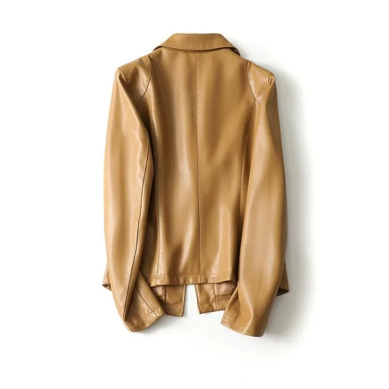 Women's Spring Autumn Jacket Tops Leather Jacket Suit Collar Short Single Button Pocket Fashion Premium Design Leisure Simple
