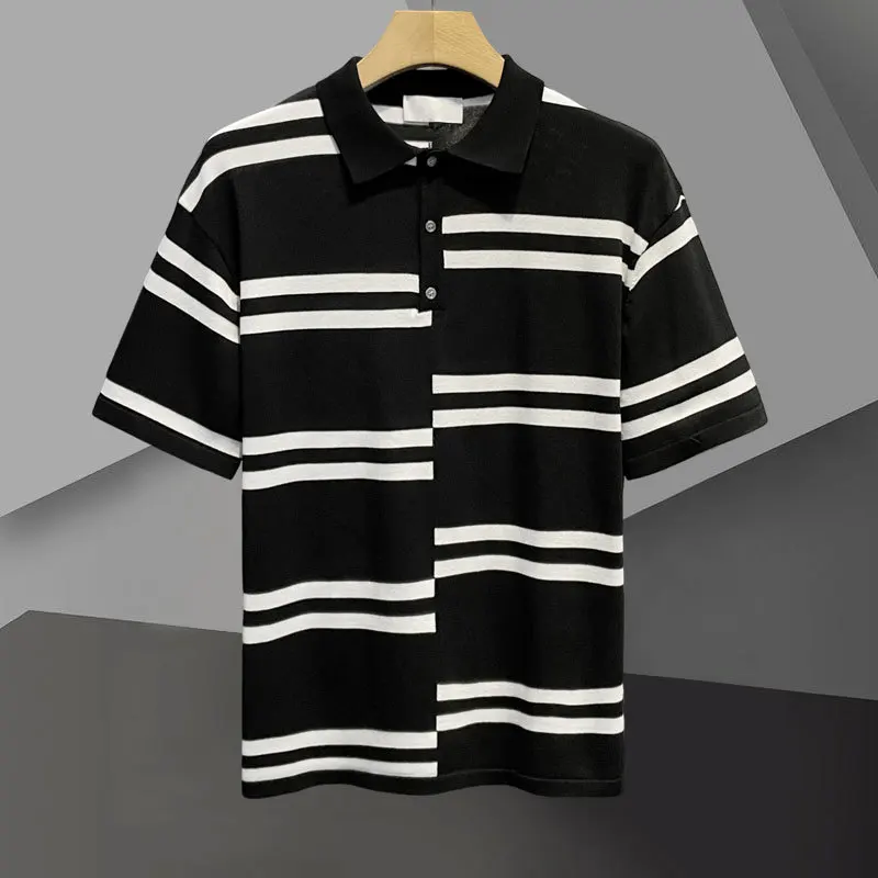 

Contrasting Lapel Stretched Men's Tee Shirt Patchwork Stripe Slim Knitted Polo Shirt Homme Streetwear Fashion Casual Polo Shirt