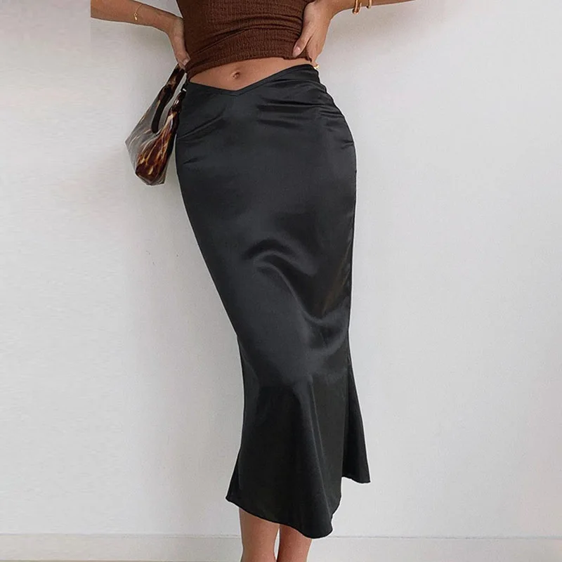 

2023 New Elegant Satin Fishtail Skirts For Women Sexy Low Waist Split Midi Skirts Summer Korean Fashion Solid Package Hip Skirt