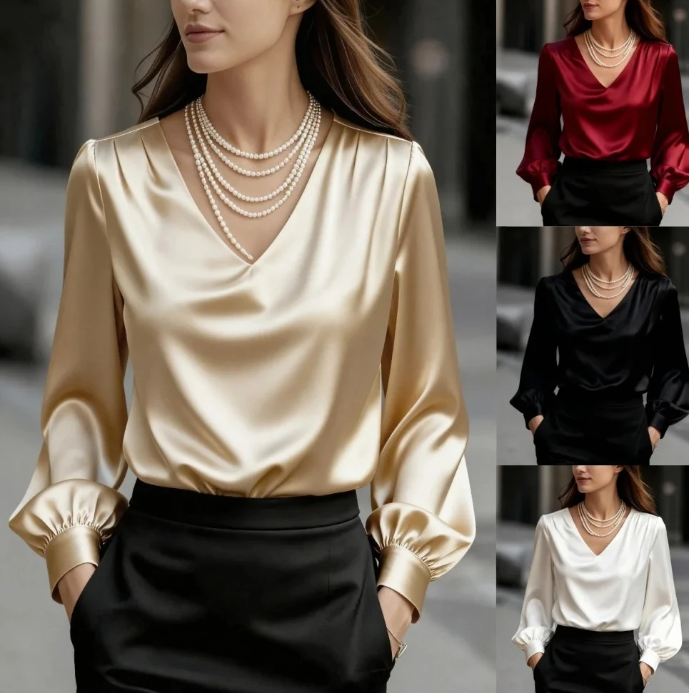 

Women's Elegant V-Neck Blouse with Pearl Layered Necklace Set Classic Long Sleeve Top