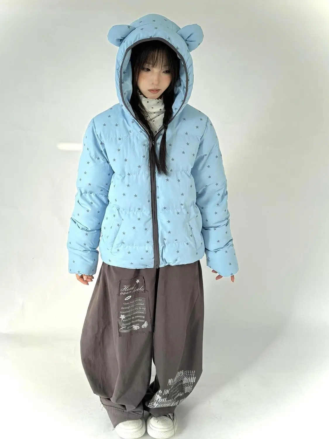 

Retro Full Print Design Sense Ear Hooded Cotton Clothes Women's Winter Loose Lazy Feeling Warm Thick Coat