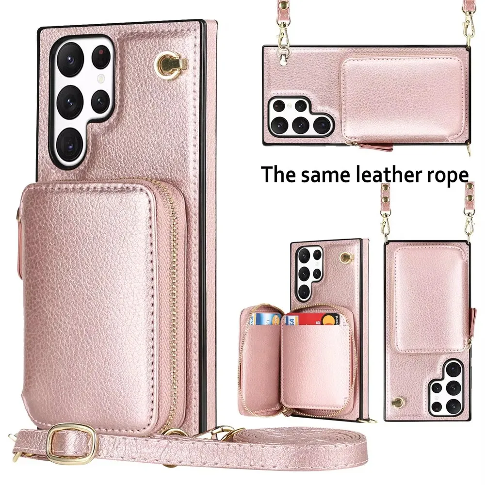 

Роскошный кожаный чехол-кошелек через плечо с картами для телефона Samsung Galaxy S25 S24 S23 Ultra FE S22 S21 S20 Note20, чехол на ремешке на молнии