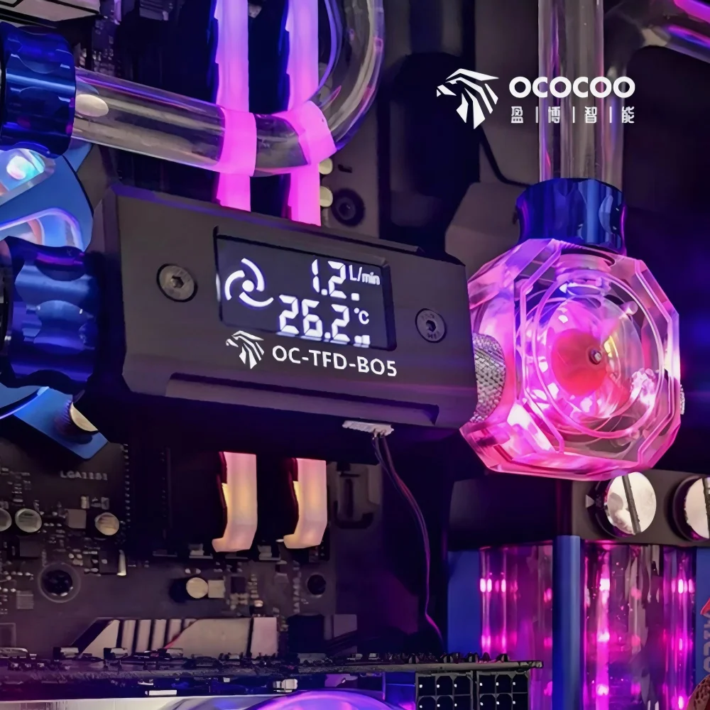 

OCOCOO G1/4 Thread Digital Water Flow Meter Temperature Sensor OLED LCD Display PC Liquid Cooling System Aluminum Shell Monitor